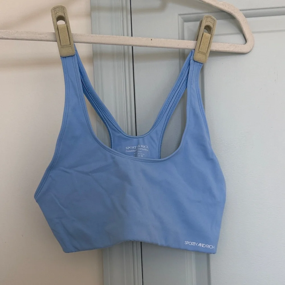 Sporty & Rich Serif Logo Sports Bra - Small - Light Blue - Picture 3 of 7